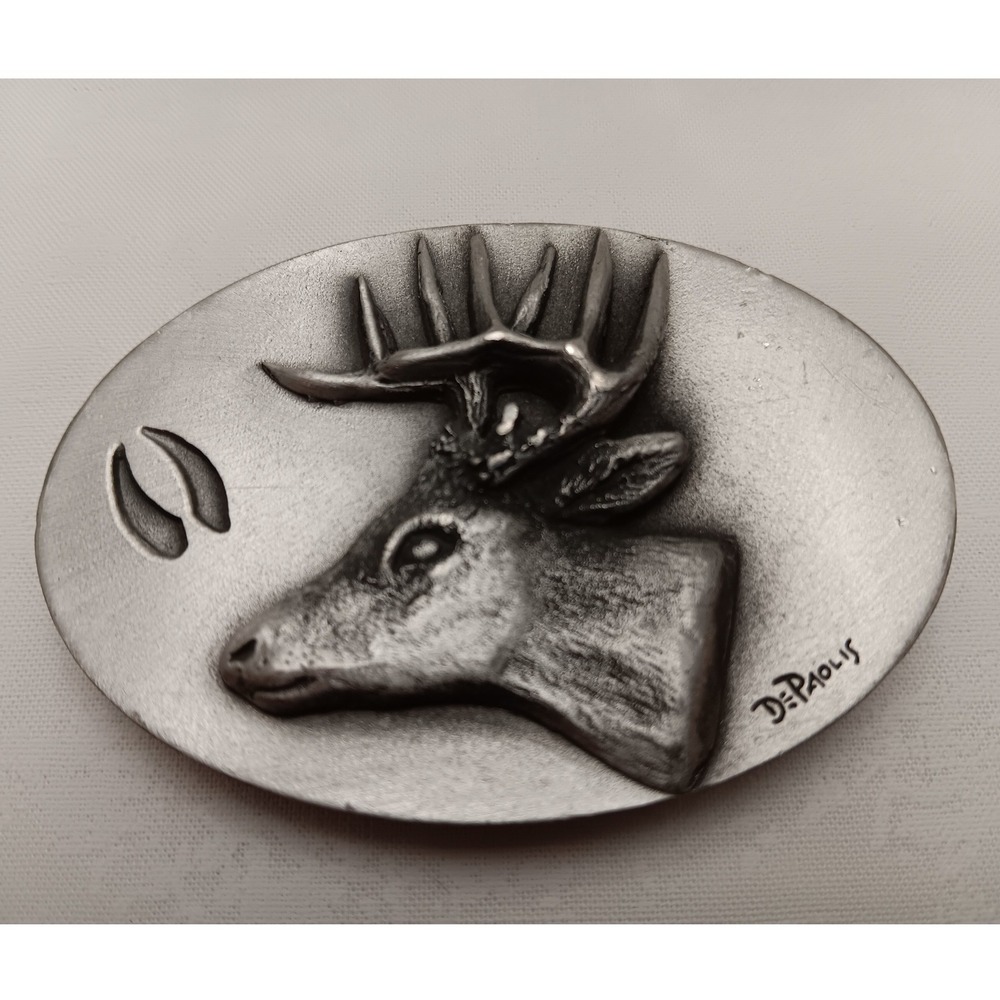 Vintage 1977 DePaolis Whitetail Deer Buck Belt Buckle Good Lad Products Pewter